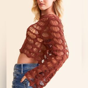 Willow & Root x Buckle Open-Weave Cropped Long-Sleeve Top Rust Festival Beach